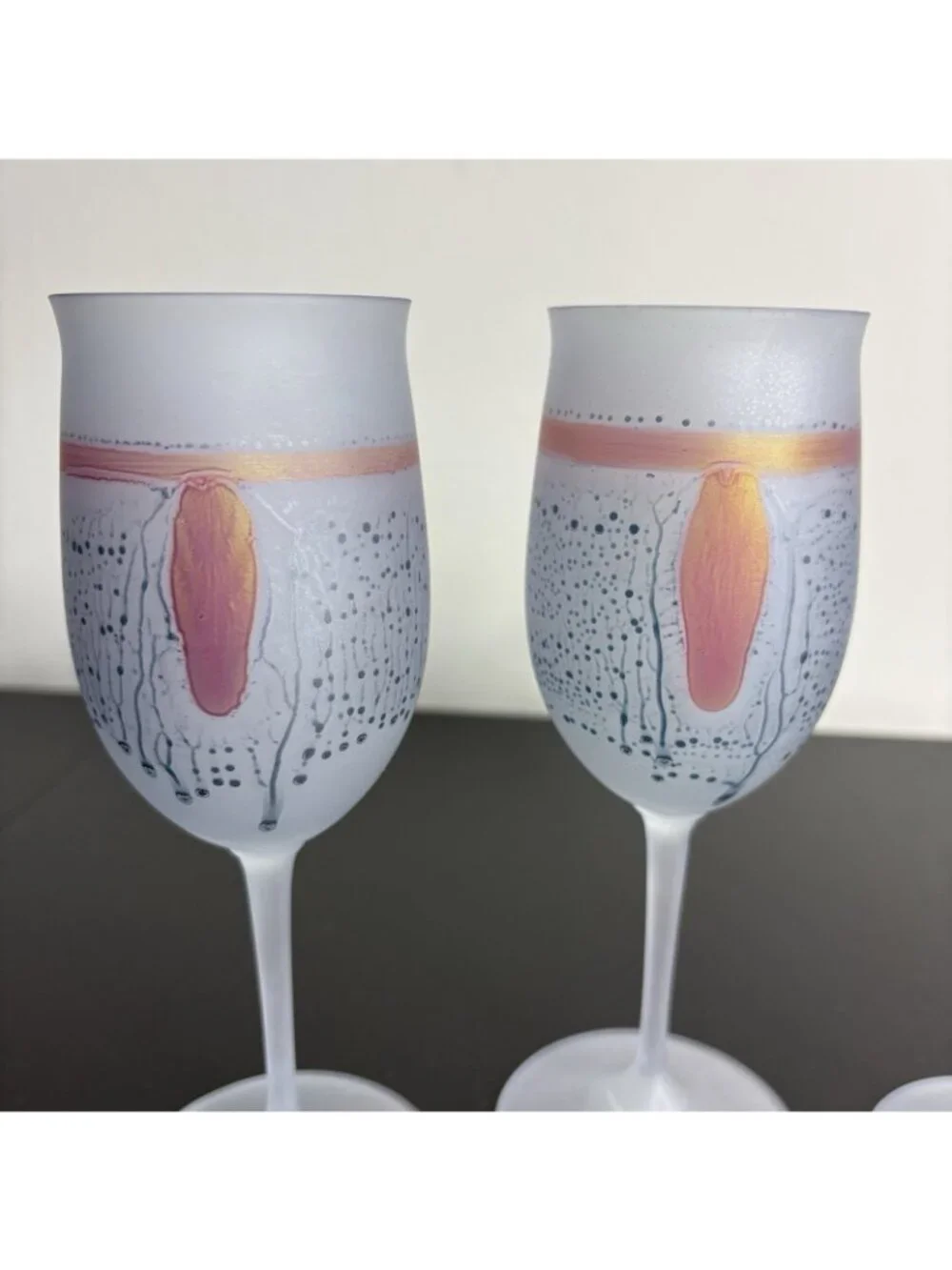 Vintage Set 4 Hand Painted Frosted Art Nouveau Satin Wine Glasses, Rueven Style